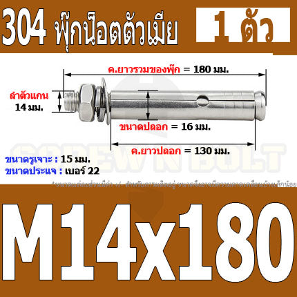 พุ๊ก พุก หัวน๊อต ตัวเมีย สแตนเลส 304 แหวนอีแปะ+สปริง M14 M16 / Sleeve Expansion Anchor Bolt with Nut SUS304 M14 M16