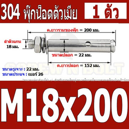 พุ๊ก พุก หัวน๊อต ตัวเมีย สแตนเลส 304 แหวนอีแปะ+สปริง M18 M20 / Sleeve Expansion Anchor Bolt with Nut SUS304 M18 M20