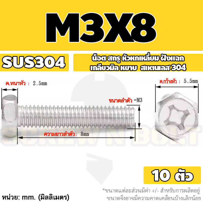 น็อต สกรู หัวหกเหลี่ยม ฝังแฉก สแตนเลส 304 เกลียวมิล หยาบ M3 M4 M5 / Indented Hexagon Machine Screw SUS