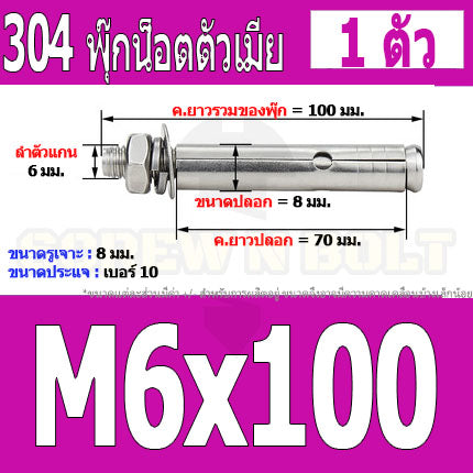 พุ๊ก พุก หัวน๊อต ตัวเมีย สแตนเลส 304 แหวนอีแปะ+สปริง M6 M8 / Sleeve Expansion Anchor Bolt with Nut SUS304 M6 M8