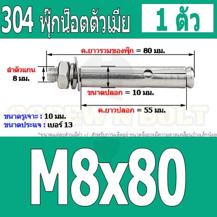 พุ๊ก พุก หัวน๊อต ตัวเมีย สแตนเลส 304 แหวนอีแปะ+สปริง M6 M8 / Sleeve Expansion Anchor Bolt with Nut SUS304 M6 M8