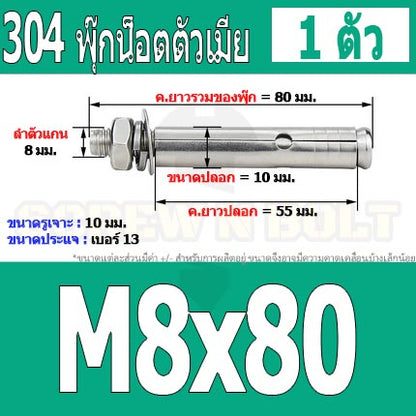 พุ๊ก พุก หัวน๊อต ตัวเมีย สแตนเลส 304 แหวนอีแปะ+สปริง M6 M8 / Sleeve Expansion Anchor Bolt with Nut SUS304 M6 M8