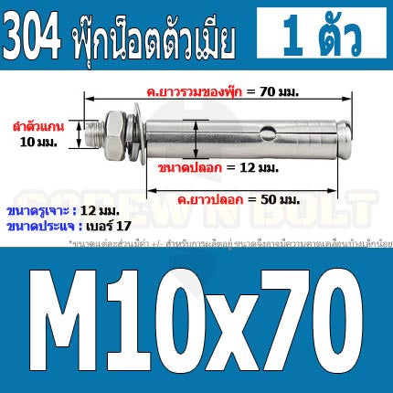 พุ๊ก พุก หัวน๊อต ตัวเมีย สแตนเลส 304 แหวนอีแปะ+สปริง M10 / Sleeve Expansion Anchor Bolt with Nut SUS304 M10