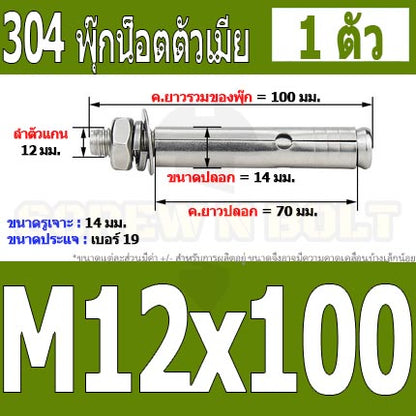 พุ๊ก พุก หัวน๊อต ตัวเมีย สแตนเลส 304 แหวนอีแปะ+สปริง M12 / Sleeve Expansion Anchor Bolt with Nut SUS304 M12