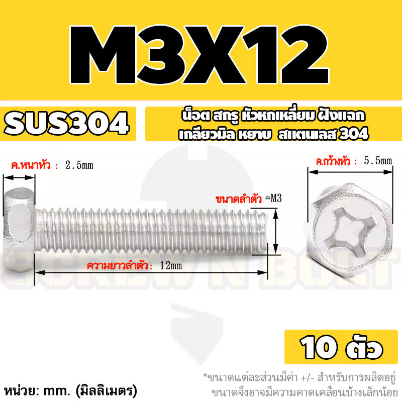 น็อต สกรู หัวหกเหลี่ยม ฝังแฉก สแตนเลส 304 เกลียวมิล หยาบ M3 M4 M5 / Indented Hexagon Machine Screw SUS