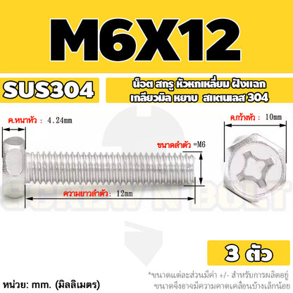 น็อต สกรู หัวหกเหลี่ยม ฝังแฉก สแตนเลส 304 เกลียวมิล หยาบ M6 M8 / Indented Hexagon Machine Screw SUS