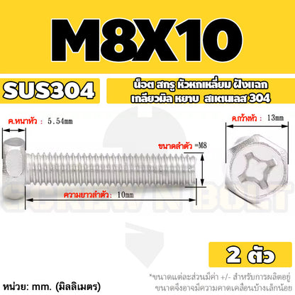 น็อต สกรู หัวหกเหลี่ยม ฝังแฉก สแตนเลส 304 เกลียวมิล หยาบ M6 M8 / Indented Hexagon Machine Screw SUS