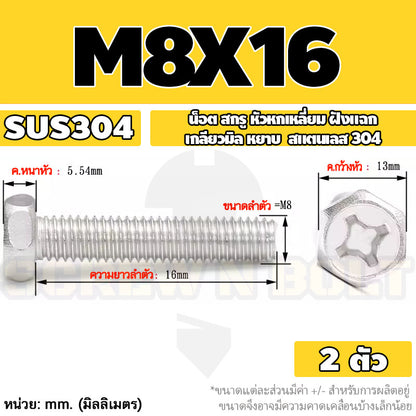 น็อต สกรู หัวหกเหลี่ยม ฝังแฉก สแตนเลส 304 เกลียวมิล หยาบ M6 M8 / Indented Hexagon Machine Screw SUS