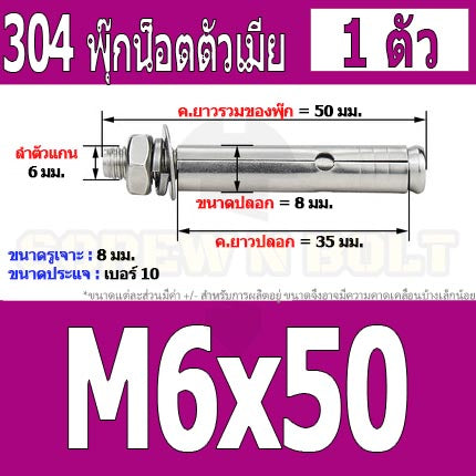 พุ๊ก พุก หัวน๊อต ตัวเมีย สแตนเลส 304 แหวนอีแปะ+สปริง M6 M8 / Sleeve Expansion Anchor Bolt with Nut SUS304 M6 M8