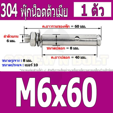 พุ๊ก พุก หัวน๊อต ตัวเมีย สแตนเลส 304 แหวนอีแปะ+สปริง M6 M8 / Sleeve Expansion Anchor Bolt with Nut SUS304 M6 M8