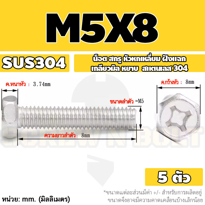 น็อต สกรู หัวหกเหลี่ยม ฝังแฉก สแตนเลส 304 เกลียวมิล หยาบ M3 M4 M5 / Indented Hexagon Machine Screw SUS