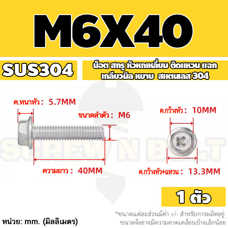 น็อต สกรู หัวหกเหลี่ยม ติดแหวน แฉก สแตนเลส 304 เกลียวมิล หยาบ M6 M8 / Indented Hex Washer Machine Screw SUS304