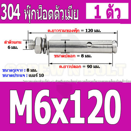 พุ๊ก พุก หัวน๊อต ตัวเมีย สแตนเลส 304 แหวนอีแปะ+สปริง M6 M8 / Sleeve Expansion Anchor Bolt with Nut SUS304 M6 M8