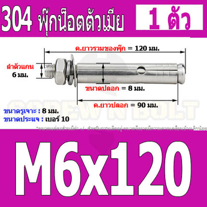พุ๊ก พุก หัวน๊อต ตัวเมีย สแตนเลส 304 แหวนอีแปะ+สปริง M6 M8 / Sleeve Expansion Anchor Bolt with Nut SUS304 M6 M8