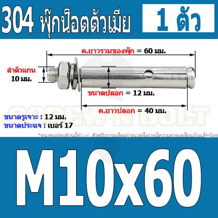 พุ๊ก พุก หัวน๊อต ตัวเมีย สแตนเลส 304 แหวนอีแปะ+สปริง M10 / Sleeve Expansion Anchor Bolt with Nut SUS304 M10