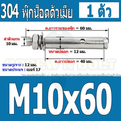 พุ๊ก พุก หัวน๊อต ตัวเมีย สแตนเลส 304 แหวนอีแปะ+สปริง M10 / Sleeve Expansion Anchor Bolt with Nut SUS304 M10