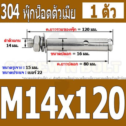 พุ๊ก พุก หัวน๊อต ตัวเมีย สแตนเลส 304 แหวนอีแปะ+สปริง M14 M16 / Sleeve Expansion Anchor Bolt with Nut SUS304 M14 M16