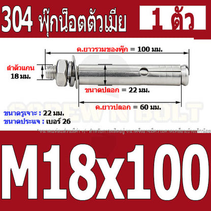 พุ๊ก พุก หัวน๊อต ตัวเมีย สแตนเลส 304 แหวนอีแปะ+สปริง M18 M20 / Sleeve Expansion Anchor Bolt with Nut SUS304 M18 M20