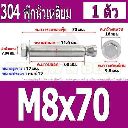 พุ๊ก พุก หัว 6 เหลี่ยม โบลท์ สแตนเลส 304  M6 M8 / Sleeve Expansion Anchor Hexagon Head Bolt SUS304 M6 M8