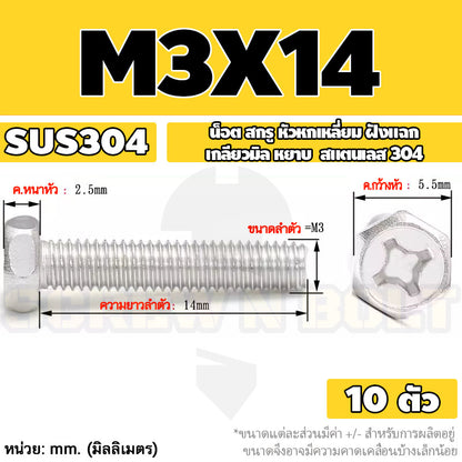 น็อต สกรู หัวหกเหลี่ยม ฝังแฉก สแตนเลส 304 เกลียวมิล หยาบ M3 M4 M5 / Indented Hexagon Machine Screw SUS