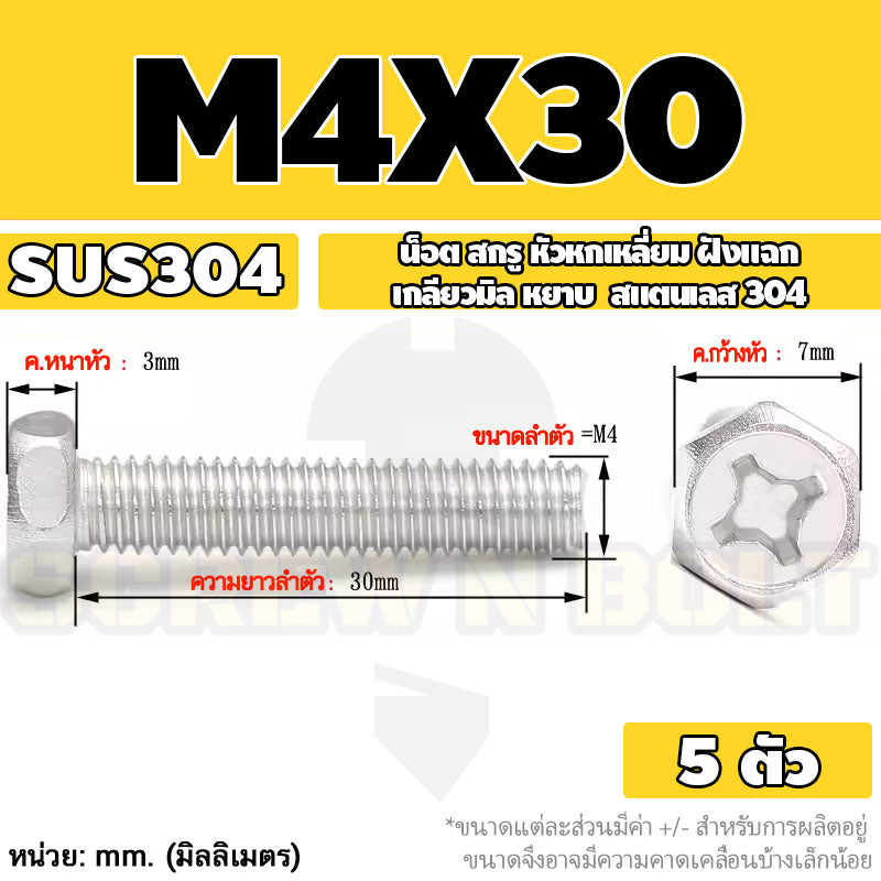 น็อต สกรู หัวหกเหลี่ยม ฝังแฉก สแตนเลส 304 เกลียวมิล หยาบ M3 M4 M5 / Indented Hexagon Machine Screw SUS
