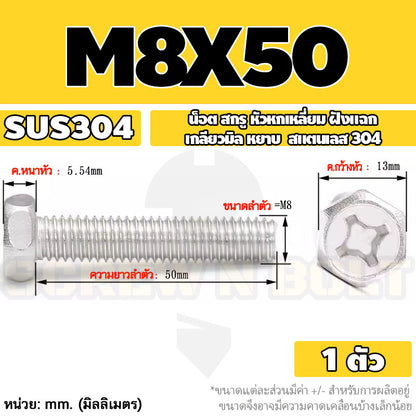 น็อต สกรู หัวหกเหลี่ยม ฝังแฉก สแตนเลส 304 เกลียวมิล หยาบ M6 M8 / Indented Hexagon Machine Screw SUS