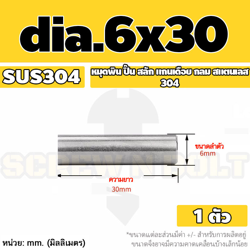 หมุดพิน ปิ๊น สลัก แกนเดือย สแตนเลส 304 กลม dia. 6 mm. / Solid Parallel / Dowel Pins SUS304 dia. 6 mm.