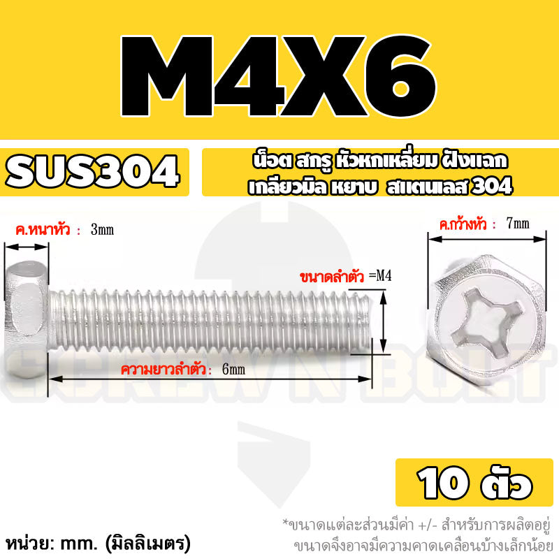 น็อต สกรู หัวหกเหลี่ยม ฝังแฉก สแตนเลส 304 เกลียวมิล หยาบ M3 M4 M5 / Indented Hexagon Machine Screw SUS