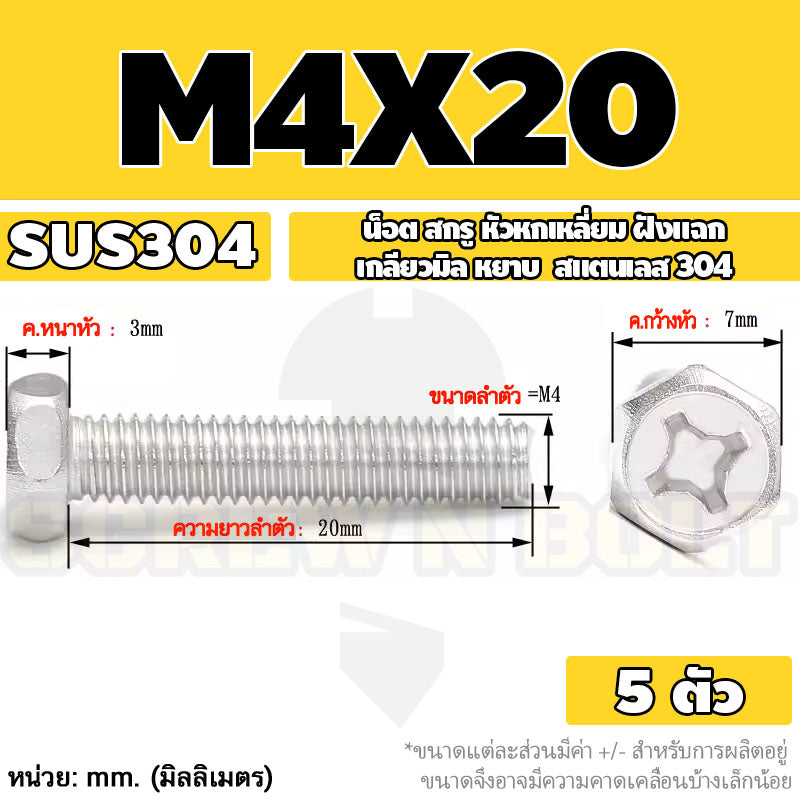 น็อต สกรู หัวหกเหลี่ยม ฝังแฉก สแตนเลส 304 เกลียวมิล หยาบ M3 M4 M5 / Indented Hexagon Machine Screw SUS