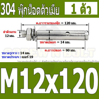 พุ๊ก พุก หัวน๊อต ตัวเมีย สแตนเลส 304 แหวนอีแปะ+สปริง M12 / Sleeve Expansion Anchor Bolt with Nut SUS304 M12