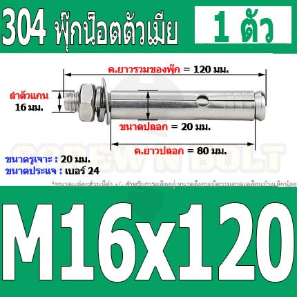 พุ๊ก พุก หัวน๊อต ตัวเมีย สแตนเลส 304 แหวนอีแปะ+สปริง M14 M16 / Sleeve Expansion Anchor Bolt with Nut SUS304 M14 M16