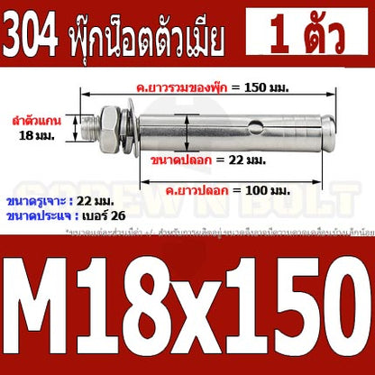 พุ๊ก พุก หัวน๊อต ตัวเมีย สแตนเลส 304 แหวนอีแปะ+สปริง M18 M20 / Sleeve Expansion Anchor Bolt with Nut SUS304 M18 M20