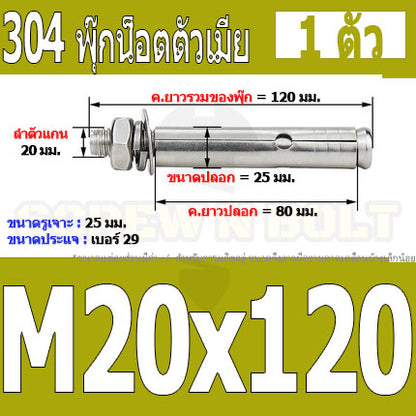 พุ๊ก พุก หัวน๊อต ตัวเมีย สแตนเลส 304 แหวนอีแปะ+สปริง M18 M20 / Sleeve Expansion Anchor Bolt with Nut SUS304 M18 M20