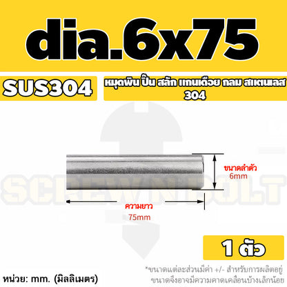 หมุดพิน ปิ๊น สลัก แกนเดือย สแตนเลส 304 กลม dia. 6 mm. / Solid Parallel / Dowel Pins SUS304 dia. 6 mm.
