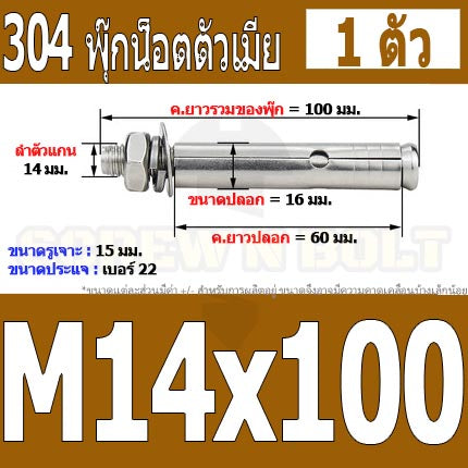 พุ๊ก พุก หัวน๊อต ตัวเมีย สแตนเลส 304 แหวนอีแปะ+สปริง M14 M16 / Sleeve Expansion Anchor Bolt with Nut SUS304 M14 M16