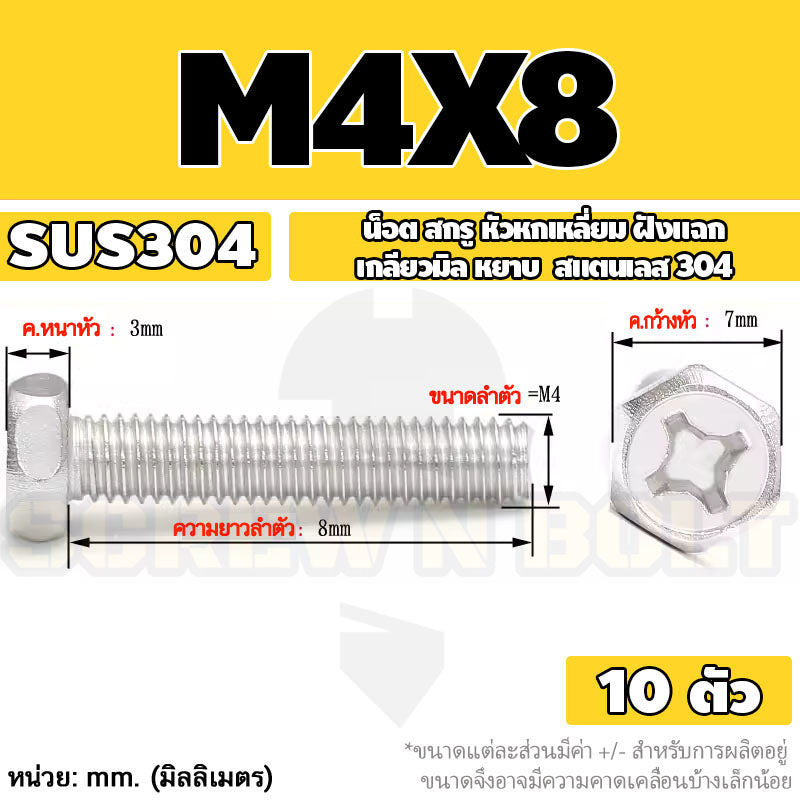 น็อต สกรู หัวหกเหลี่ยม ฝังแฉก สแตนเลส 304 เกลียวมิล หยาบ M3 M4 M5 / Indented Hexagon Machine Screw SUS