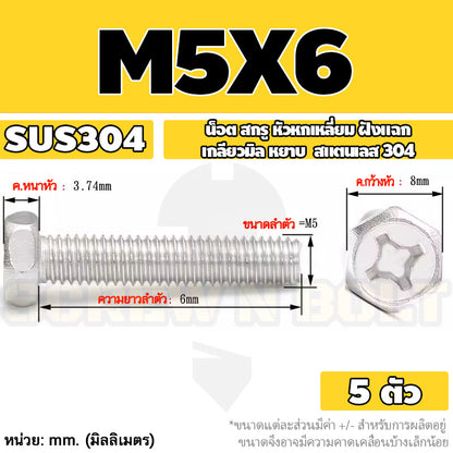 น็อต สกรู หัวหกเหลี่ยม ฝังแฉก สแตนเลส 304 เกลียวมิล หยาบ M3 M4 M5 / Indented Hexagon Machine Screw SUS