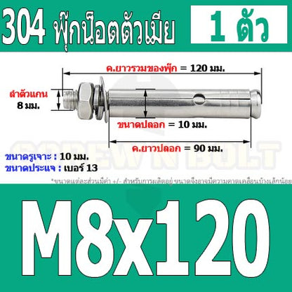 พุ๊ก พุก หัวน๊อต ตัวเมีย สแตนเลส 304 แหวนอีแปะ+สปริง M6 M8 / Sleeve Expansion Anchor Bolt with Nut SUS304 M6 M8