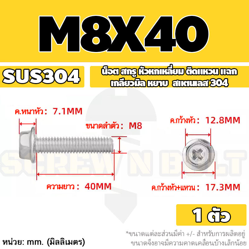 น็อต สกรู หัวหกเหลี่ยม ติดแหวน แฉก สแตนเลส 304 เกลียวมิล หยาบ M6 M8 / Indented Hex Washer Machine Screw SUS304