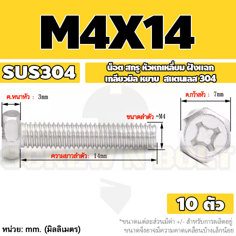 น็อต สกรู หัวหกเหลี่ยม ฝังแฉก สแตนเลส 304 เกลียวมิล หยาบ M3 M4 M5 / Indented Hexagon Machine Screw SUS