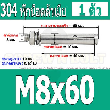 พุ๊ก พุก หัวน๊อต ตัวเมีย สแตนเลส 304 แหวนอีแปะ+สปริง M6 M8 / Sleeve Expansion Anchor Bolt with Nut SUS304 M6 M8