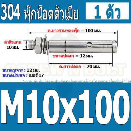 พุ๊ก พุก หัวน๊อต ตัวเมีย สแตนเลส 304 แหวนอีแปะ+สปริง M10 / Sleeve Expansion Anchor Bolt with Nut SUS304 M10