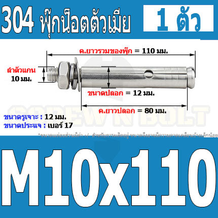 พุ๊ก พุก หัวน๊อต ตัวเมีย สแตนเลส 304 แหวนอีแปะ+สปริง M10 / Sleeve Expansion Anchor Bolt with Nut SUS304 M10