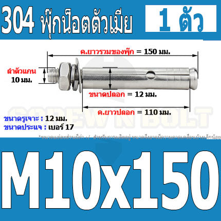 พุ๊ก พุก หัวน๊อต ตัวเมีย สแตนเลส 304 แหวนอีแปะ+สปริง M10 / Sleeve Expansion Anchor Bolt with Nut SUS304 M10