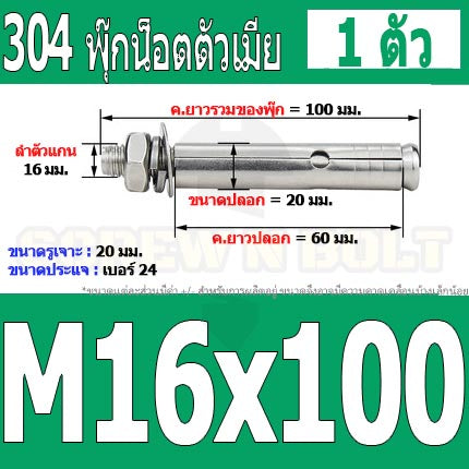 พุ๊ก พุก หัวน๊อต ตัวเมีย สแตนเลส 304 แหวนอีแปะ+สปริง M14 M16 / Sleeve Expansion Anchor Bolt with Nut SUS304 M14 M16