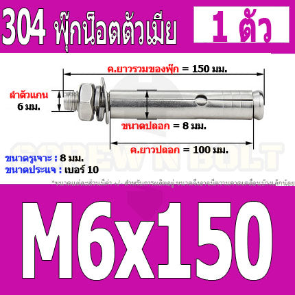 พุ๊ก พุก หัวน๊อต ตัวเมีย สแตนเลส 304 แหวนอีแปะ+สปริง M6 M8 / Sleeve Expansion Anchor Bolt with Nut SUS304 M6 M8