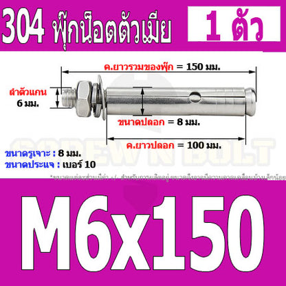 พุ๊ก พุก หัวน๊อต ตัวเมีย สแตนเลส 304 แหวนอีแปะ+สปริง M6 M8 / Sleeve Expansion Anchor Bolt with Nut SUS304 M6 M8