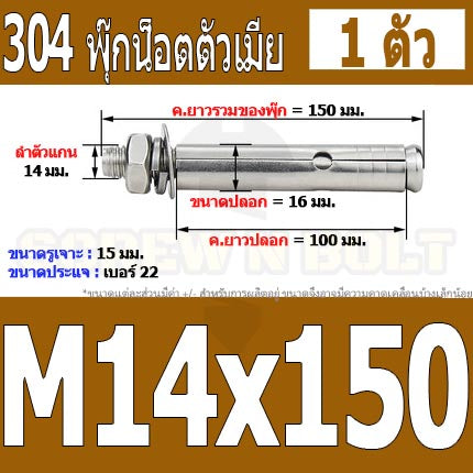 พุ๊ก พุก หัวน๊อต ตัวเมีย สแตนเลส 304 แหวนอีแปะ+สปริง M14 M16 / Sleeve Expansion Anchor Bolt with Nut SUS304 M14 M16