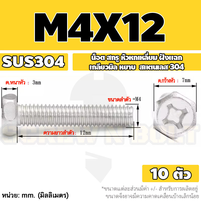 น็อต สกรู หัวหกเหลี่ยม ฝังแฉก สแตนเลส 304 เกลียวมิล หยาบ M3 M4 M5 / Indented Hexagon Machine Screw SUS