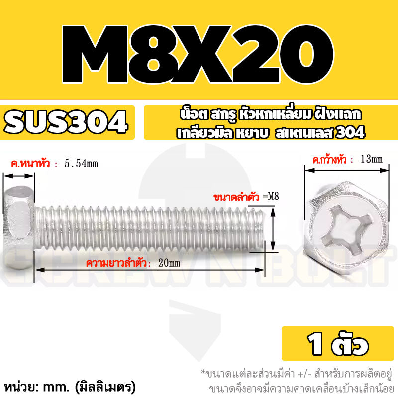 น็อต สกรู หัวหกเหลี่ยม ฝังแฉก สแตนเลส 304 เกลียวมิล หยาบ M6 M8 / Indented Hexagon Machine Screw SUS
